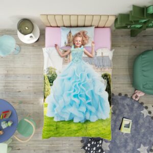 Blue Princess Dress 4-Piece 3D Duvet Cover Set Wear-resistant Breathable High Quality 60s Cotton Satin Girls Bedding