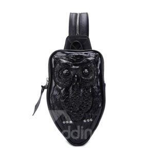 3D Owl Studded College Backpack PU Leather Durable Rucksack Shoulder Bag