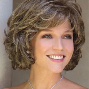 Lace Front Cap Synthetic Hair Wavy Women 120% 14 Inches Wigs Heat Resistant Natural Looking Daily Party Wigs Cosplay Wigs with Natural Bangs with Free Wig Cap