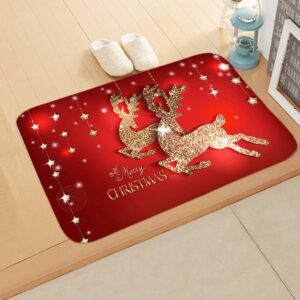 Christmas Santa Elk Pattern Bath Mat Red Polyester Skid Resistance Rectangle