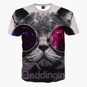 Fashion Round Neck Big Sunglasses Cat Face 3D Painted T-Shirt