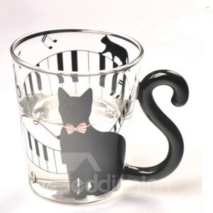 Unique Creative 3D Black Cat and Piano Keys Glass Cup