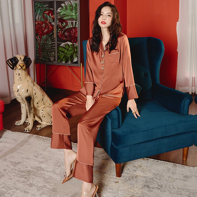 Spring Sleepwear Silk Ice Chiffon Long Sleeve Pajamas Set For Women Modal Pants Set Comfort Nap Loungewear Women's Home Clothes Evening Wear 2 Colors - Image 4