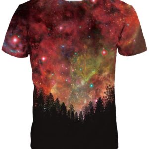 Bright Round Neck Galaxy and Tree Pattern 3D Painted T-Shirt