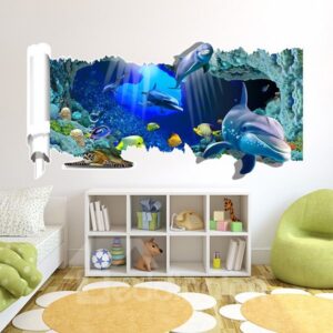 Blue Abysmal Sea Dolphin and Fish Pattern 3D Wall Stickers
