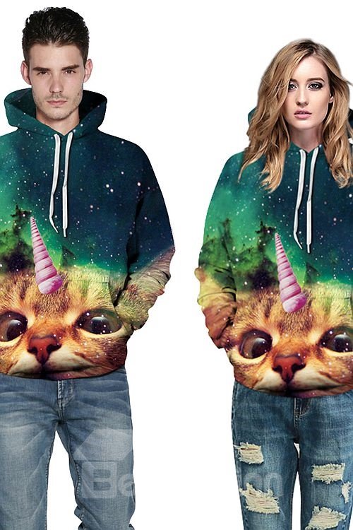 Colorful Long Sleeve Cat Pattern Starry Sky Background 3D Painted Hoodie - Image 3