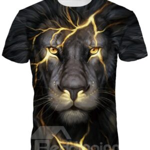 Lion Face With Light Short Sleeve Round Neck 3D Painted T-Shirt