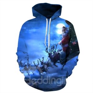 Long Sleeve Santa Claus with Deer in Winter Night Pattern 3D Painted Hoodie