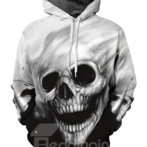 Unique Long Sleeve Grey Skull Pattern 3D Painted Hoodie