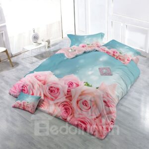 Pink Roses Wear-resistant Breathable High Quality 60s Cotton 4-Piece 3D Bedding Sets