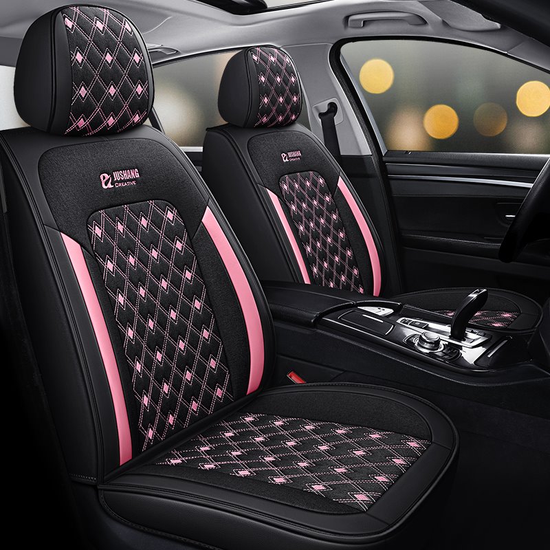 5 Seats Durable Leather Environmentally Friendly and Breathable Linen Material Trendy Diamond Lattice Pattern Security No Odor Stain Resistant Wear Resistant Full Coverage Four Seasons Universal Seat Covers - Image 2