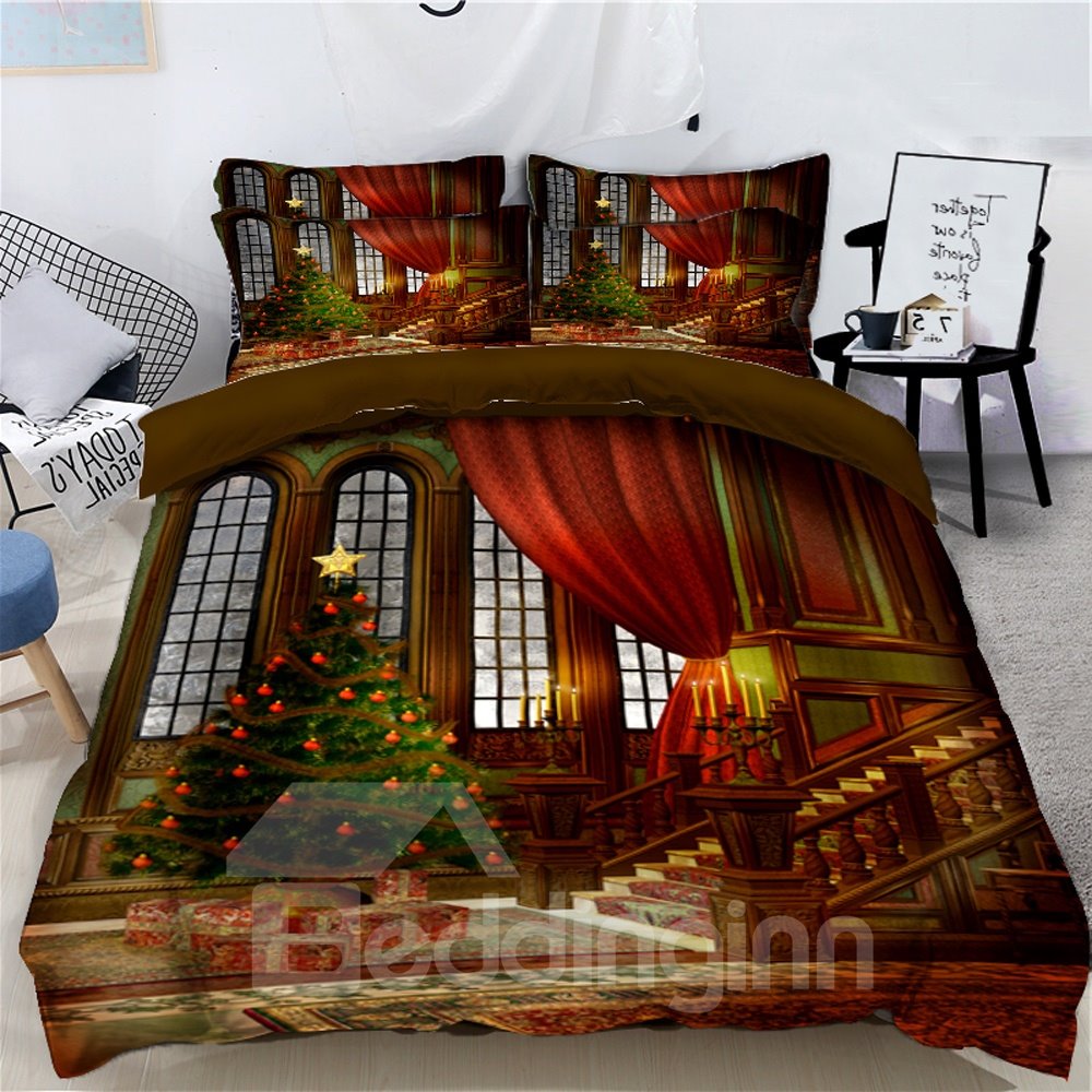 Christmas Tree with Decorations and Stove Printed 3D 4-Piece Bedding Sets Duvet Covers Colorfast Wear-resistant Endurable Skin-friendly All-Season Ultra-soft Microfiber No-fading - Image 2