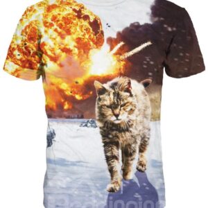 Round Neck Cat Walk in War Pattern 3D Painted T-Shirt
