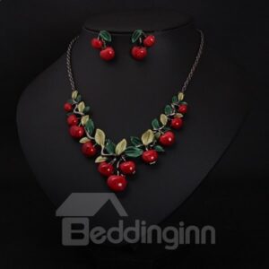 Vivid Cherry Shape Alloy Statement Necklace and Earrings Group