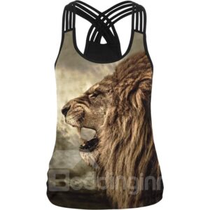Lion Roar Face 3D Pattern Round Neck Sleeveless Vest Tank Top