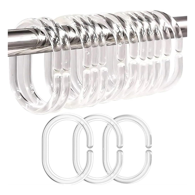 12-pack C-shaped shower curtain plastic hooks, transparent color