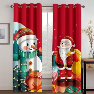Red Christmas 3D Curtains Xmas Santa Claus and the Snowman Print Living Room Bedroom Window Drapes 2 Panel Set