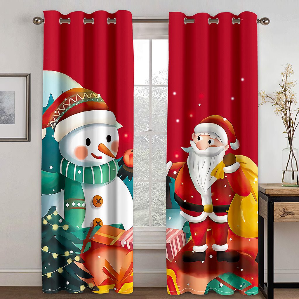Red Christmas 3D Curtains Xmas Santa Claus and the Snowman Print Living Room Bedroom Window Drapes 2 Panel Set - Image 2