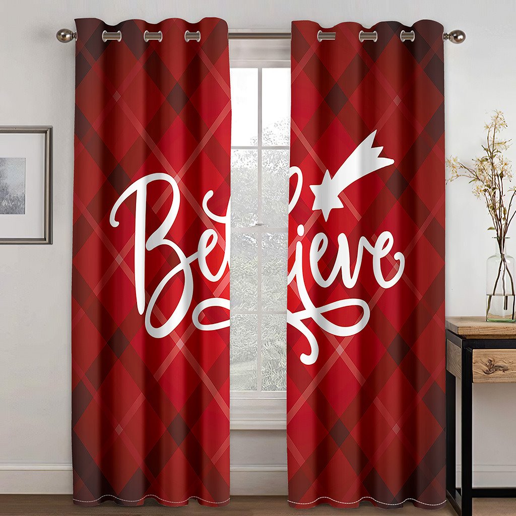 Red Plaid Christmas 3D Blackout Curtains Xmas Grid Print Living Room Bedroom Window Drapes 2 Panel Set - Image 8