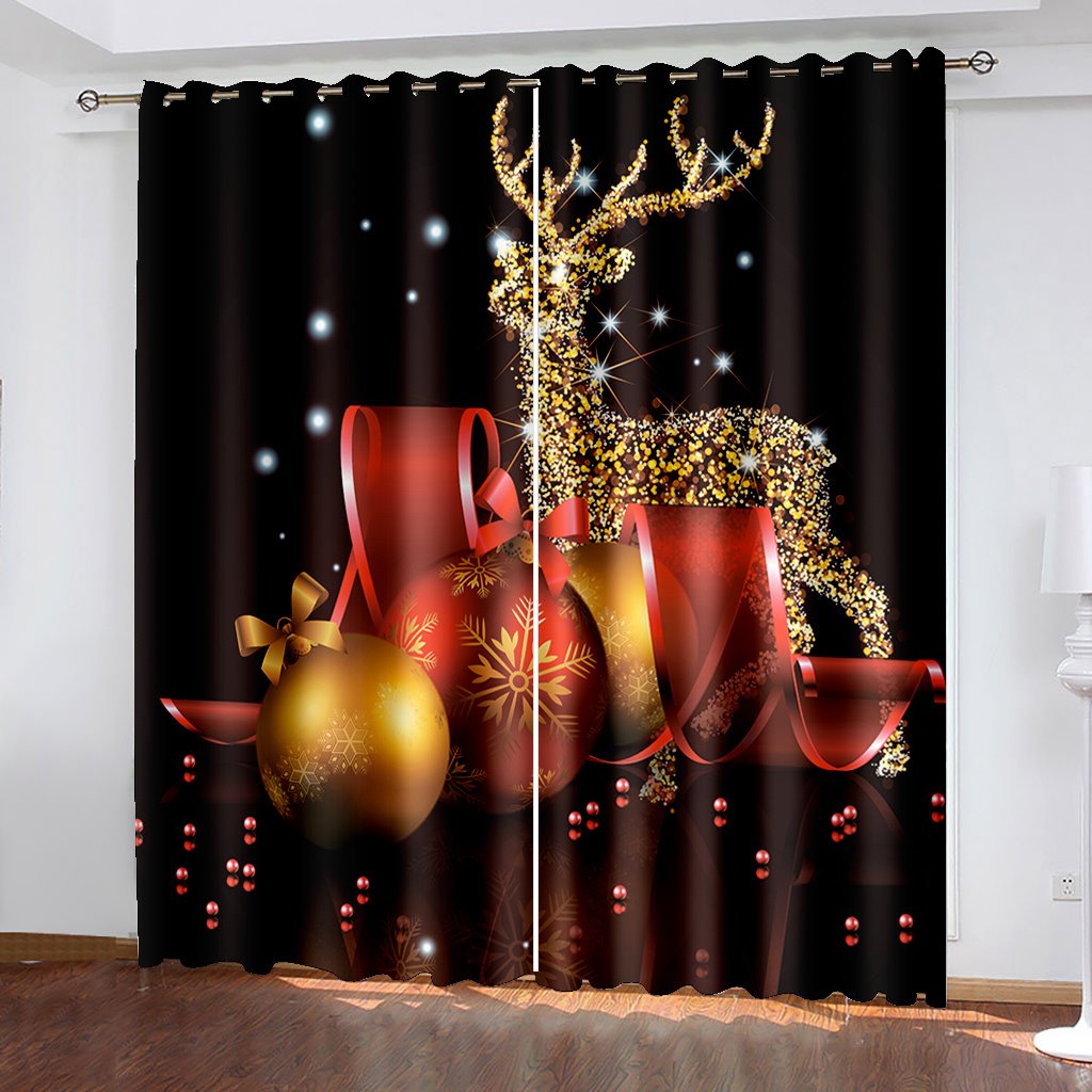 Black 3D Christmas Window Curtains Golden Deer and Balls Print Blackout Curtains for Living Room Bedroom Window Drapes Chirstmas 2 Panel Set - Image 4