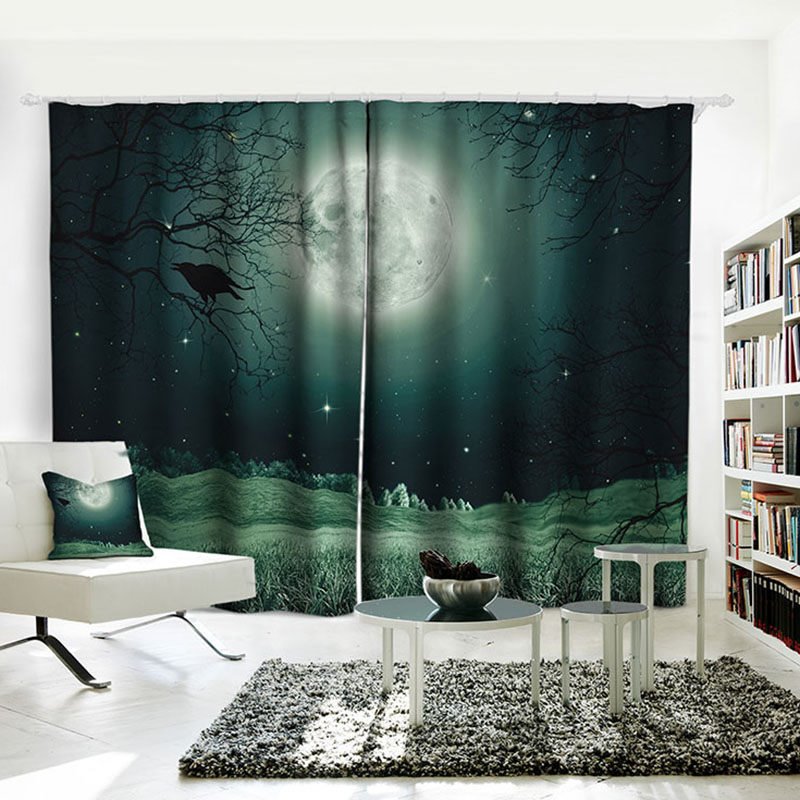 Blackout Curtains 3D Scenery Curtains Crow Bright Moon Shading Cloth Printed Water-proof and Dust-proof Custom Curtain for Living Room Bedroom Window Decoration - Image 4