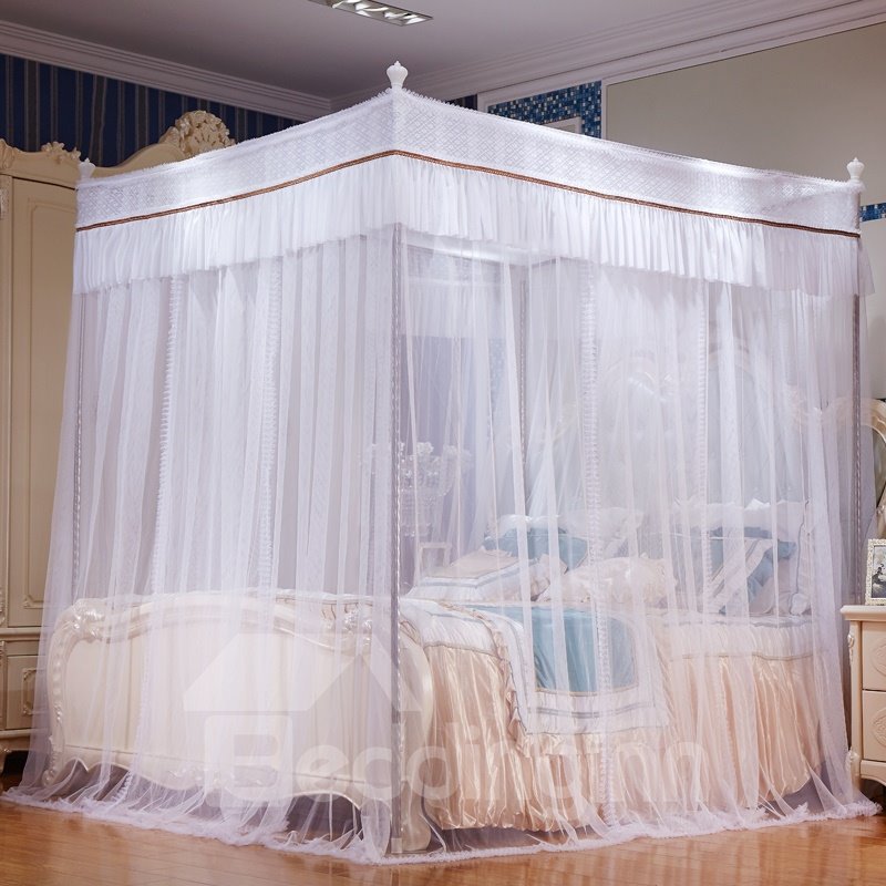 Three Openings Four Corner Post Stainless Steel Frame White Luxury Style Polyester Mosquito Bed Nets