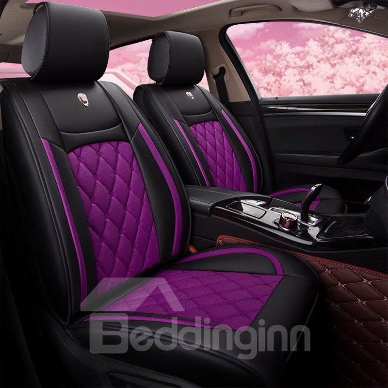 Car Seat Covers 5-Seater Romantic Retro Style PU Leather Color Block Design Stretchy Wear-Resisting Breathable Cute Universal Car Seat Covers Fit to Auto Truck Van SUV - Image 3