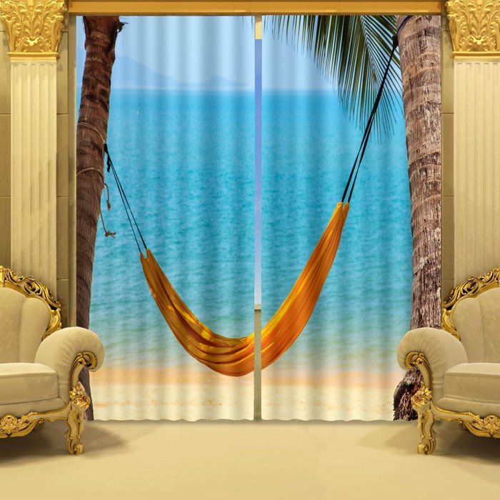 Yellow Hammock and Blue Sea Beach Scenery Decorative Custom 3D Curtain for Living Room - Image 3