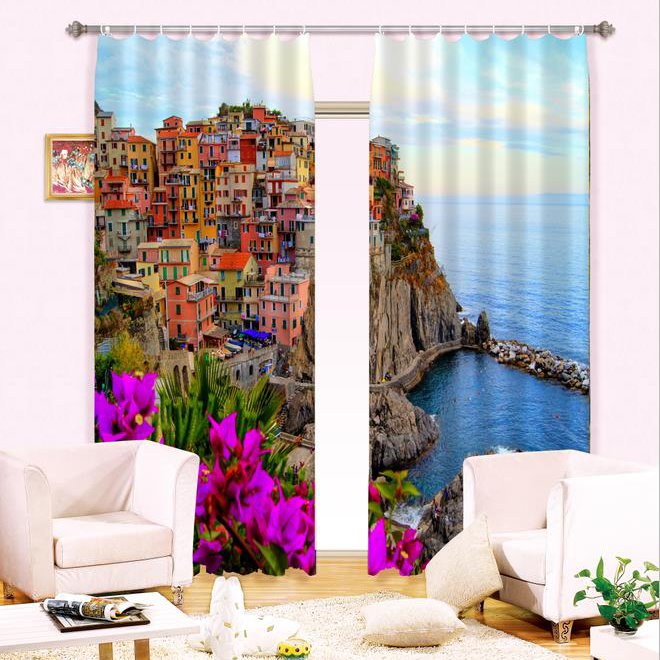 Wonderful Seaside City View Thick Polyester 2 Pieces Energy Saving 3D Curtain - Image 2