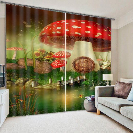 Wonderful and Dreamy Mushroom and Wooden Bridge Polyester 3D Blackout Curtain - Image 7