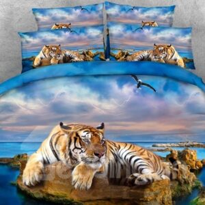 Yellow Tiger and Blue Ocean Printed Polyester 4-Piece 3D Bedding Sets/Duvet Covers