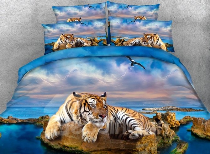 Yellow Tiger and Blue Ocean Printed Polyester 4-Piece 3D Bedding Sets/Duvet Covers - Image 2