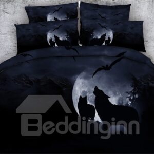 Wolf Howling At The Moon 3D 5-Piece Comforter Set Black Bedding Set