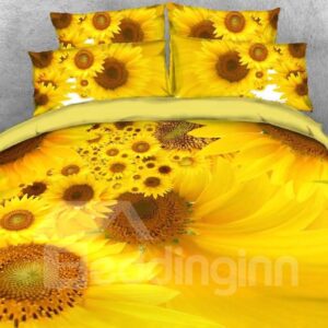 Yellow Sunflower Printed 3D 4-Piece Floral Bedding Set/Duvet Cover Set