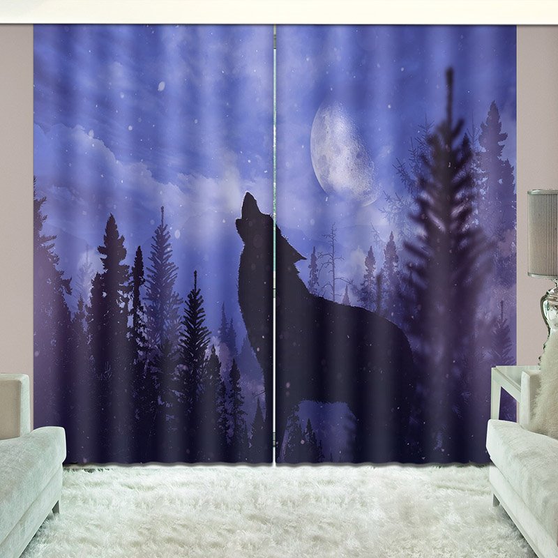 Wolf Theme Blackout Curtain, Howling Wolf at Night Printed Window Shading Curtain, 2 Panel Style - Image 3