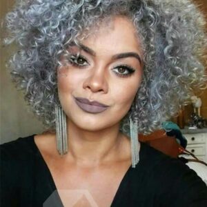 Women's Salt and Pepper Kinky Curly Synthetic Hair Capless Wigs 12 Inches