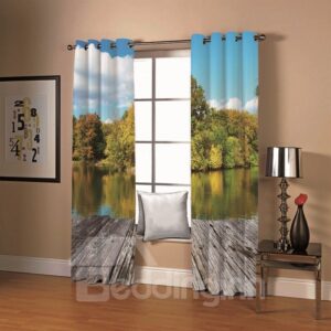 Wooden Bridge and Green Yellow Plants 3D Printed Custom Blackout Scenery Curtains