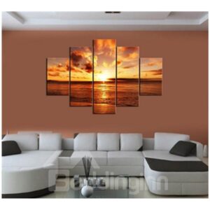 Yellow Sunrise on The Sea Hanging 5-Piece Canvas Non-framed Wall Prints