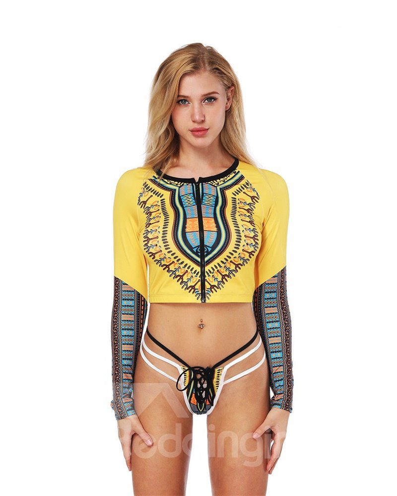 Yellow Bohemian Style Sexy Backless Costume Summer Bikini 3D Bathing Suit Swimsuits