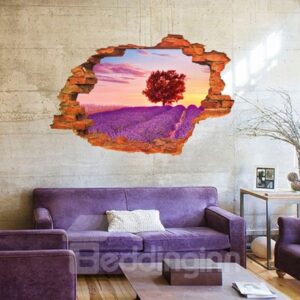 Wonderful Wall Hole View Lavender Field Removable 3D Wall Sticker