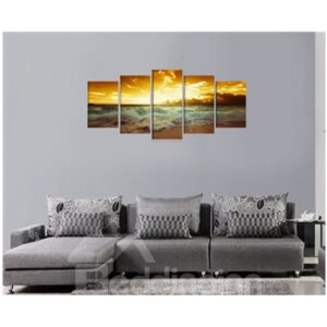 Yellow Sunrise on The Beach Hanging 5-Piece Canvas Non-framed Wall Prints