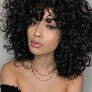 Women's Heat Resistant Natural Black Afro Curly Synthetic Hair Soft Fluffy Capless Wigs 16Inch