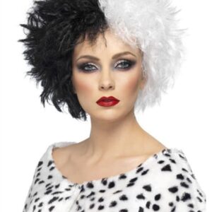 Women's Cruella Wig Hairstyle Black and White Synthetic Hair Wavy 12 Inches 130% Wigs