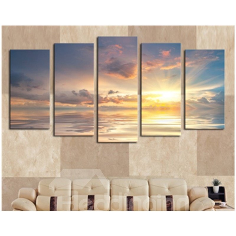 Yellow Sunrise on The Sea 5-Panel Canvas Hung Non-framed Wall Prints