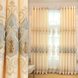 Yellow Embroidery Blackout Curtains Elegant Window Curtains for Living Room Bedroom Custom Set of 2 Panels Drapes